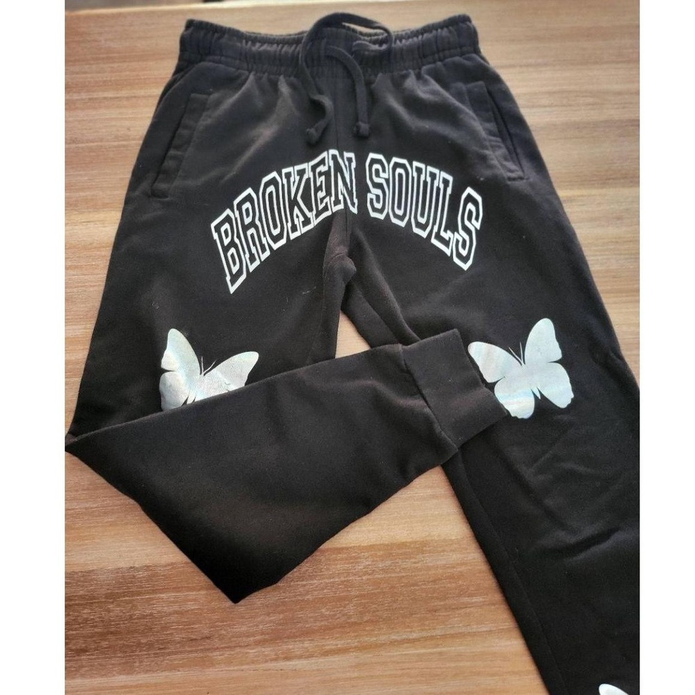 Yours Truly Sweatpants Womens Size M Black Joggers Butterfly Print Drawstring - Picture 5 of 7